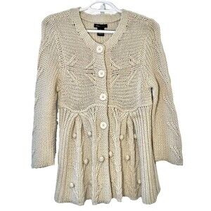 BCBG Max Azria Cream Chunky Knit Bobble Peplum Cardigan Sweater L Boho